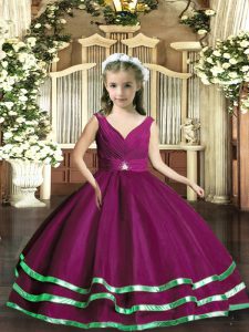  Purple Backless V-neck Beading and Ruching Little Girls Pageant Dress Organza Sleeveless