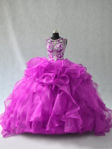  Purple Sleeveless Organza Lace Up Quinceanera Dress for Sweet 16 and Quinceanera