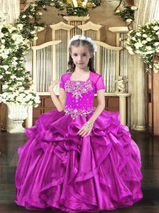 Excellent Fuchsia Lace Up Straps Beading and Ruffles Girls Pageant Dresses Organza Sleeveless
