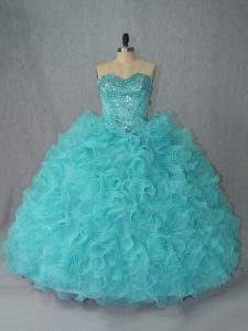 Extravagant Aqua Blue Organza Lace Up 15th Birthday Dress Sleeveless Beading and Ruffles