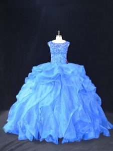  Blue Quinceanera Dresses Organza Brush Train Sleeveless Beading and Ruffles
