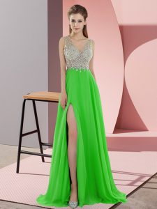  Green Empire V-neck Sleeveless Chiffon Sweep Train Zipper Beading Prom Dress