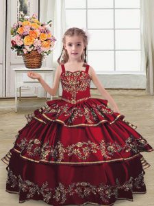 High End Burgundy Sleeveless Floor Length Embroidery and Ruffled Layers Lace Up Pageant Gowns For Girls