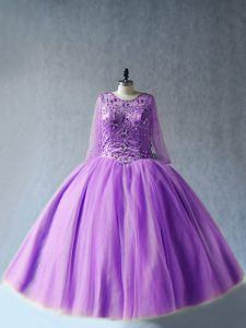 Best Lavender Lace Up Scoop Beading Quinceanera Dresses Tulle Long Sleeves