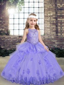 Most Popular Lavender Tulle Lace Up Scoop Sleeveless Floor Length Little Girls Pageant Dress Wholesale Beading and Appliques