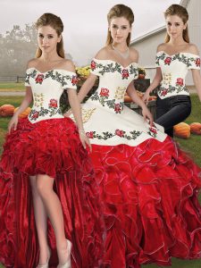 High Class White And Red Off The Shoulder Neckline Embroidery and Ruffles 15 Quinceanera Dress Sleeveless Lace Up