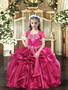  Straps Sleeveless Lace Up Girls Pageant Dresses Hot Pink Organza