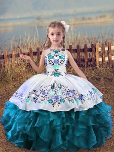  Floor Length Ball Gowns Sleeveless Teal Little Girls Pageant Dress Lace Up