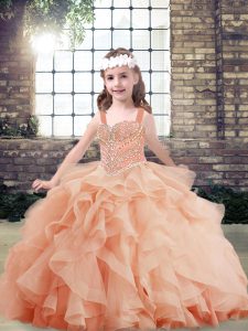  Peach Ball Gowns Tulle Straps Sleeveless Beading and Ruffles Floor Length Side Zipper Pageant Gowns For Girls