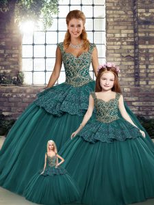 Glittering Green Sleeveless Tulle Lace Up Quinceanera Dress for Military Ball and Sweet 16 and Quinceanera