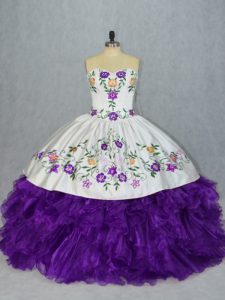 Custom Design White And Purple Sleeveless Floor Length Embroidery and Ruffles Lace Up 15 Quinceanera Dress