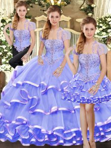  Strapless Sleeveless Quinceanera Gowns Floor Length Beading and Ruffled Layers Lavender Organza