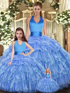  Baby Blue Quinceanera Gown Sweet 16 and Quinceanera with Ruffles and Pick Ups Halter Top Sleeveless Lace Up