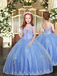Affordable Baby Blue Sleeveless Appliques Floor Length Little Girl Pageant Dress