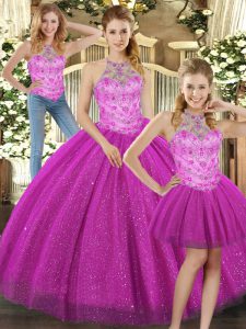 Hot Selling Halter Top Sleeveless Lace Up Quinceanera Dress Fuchsia Tulle
