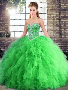 Best Selling Beading and Ruffles Ball Gown Prom Dress Green Lace Up Sleeveless Floor Length