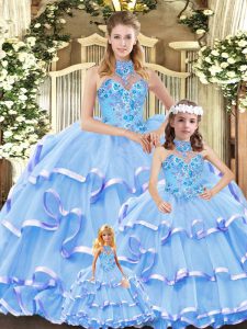 Super Ball Gowns Sleeveless Blue Ball Gown Prom Dress Lace Up