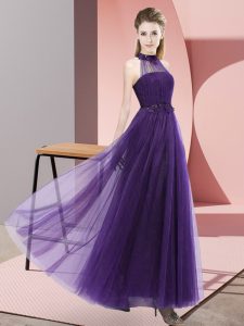  Purple Halter Top Lace Up Beading and Appliques Vestidos de Damas Sleeveless