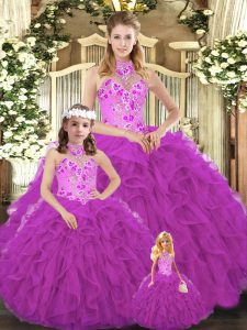 Gorgeous Fuchsia Ball Gowns Tulle Halter Top Sleeveless Embroidery and Ruffles Floor Length Lace Up Sweet 16 Dresses
