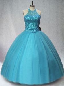  Ball Gowns 15 Quinceanera Dress Teal Halter Top Tulle Sleeveless Floor Length Lace Up