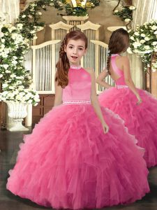  High-neck Sleeveless Little Girls Pageant Dress Floor Length Beading and Ruffles Rose Pink Tulle