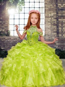  High-neck Sleeveless Lace Up Little Girls Pageant Dress Yellow Green Organza