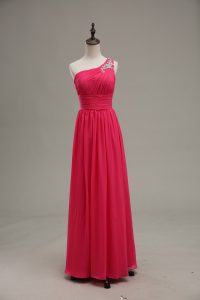 Charming Hot Pink Empire Chiffon and Fabric With Rolling Flowers One Shoulder Sleeveless Beading and Ruching Floor Length Zipper Prom Party Dress