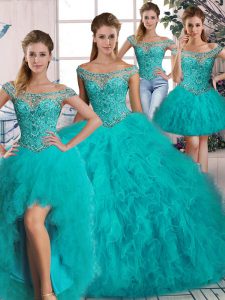  Aqua Blue Ball Gowns Beading and Ruffles Sweet 16 Quinceanera Dress Lace Up Tulle Long Sleeves
