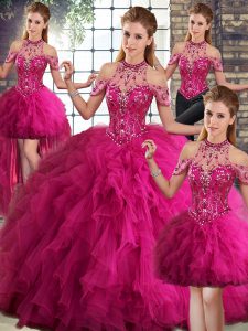Sexy Sleeveless Tulle Floor Length Lace Up Sweet 16 Dress in Fuchsia with Beading and Ruffles
