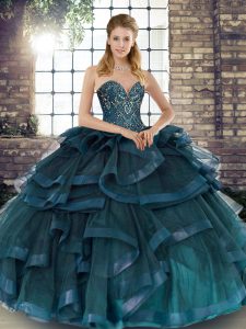  Teal Ball Gowns Beading and Ruffles Vestidos de Quinceanera Lace Up Tulle Sleeveless Floor Length