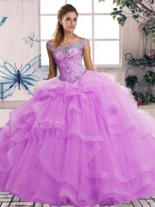 Flare Tulle Sleeveless Floor Length Quinceanera Gowns and Beading and Ruffles