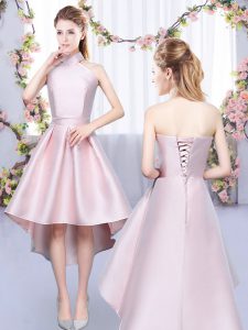 Baby Pink A-line Satin Halter Top Sleeveless Ruching High Low Lace Up Quinceanera Dama Dress
