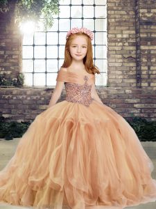  Champagne Tulle Lace Up Little Girls Pageant Dress Wholesale Sleeveless Floor Length Beading