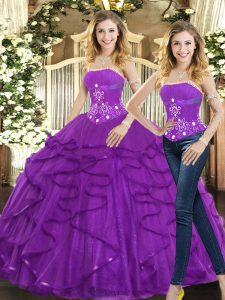  Sleeveless Floor Length Beading and Ruffles Lace Up Quinceanera Dress with Purple