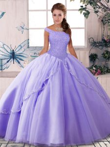 Amazing Lavender Ball Gowns Off The Shoulder Sleeveless Tulle Brush Train Lace Up Beading 15th Birthday Dress