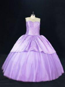 Beautiful Lavender Ball Gowns Beading Quinceanera Dresses Lace Up Satin and Tulle Sleeveless Floor Length