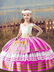  Lilac Ball Gowns Satin Off The Shoulder Sleeveless Embroidery Floor Length Lace Up Kids Formal Wear