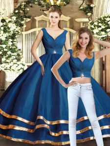 Spectacular Sleeveless Tulle Floor Length Backless 15 Quinceanera Dress in Navy Blue with Beading and Ruffled Layers