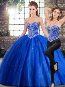  Brush Train Two Pieces Vestidos de Quinceanera Blue Sweetheart Tulle Sleeveless Lace Up