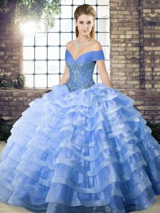 Trendy Off The Shoulder Sleeveless Brush Train Lace Up Quinceanera Gowns Blue Organza