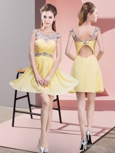 Clearance Sleeveless Chiffon Mini Length Backless Prom Gown in Yellow with Beading and Ruching