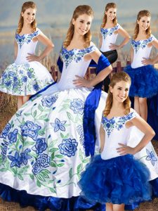  Blue And White Sleeveless Floor Length Embroidery and Ruffles Lace Up Sweet 16 Dresses