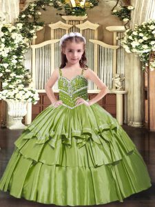 Lovely Straps Sleeveless Taffeta Little Girl Pageant Dress Beading and Ruffled Layers Lace Up
