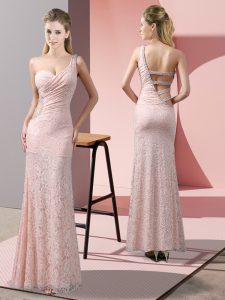 Unique Floor Length Baby Pink Prom Dress One Shoulder Sleeveless Criss Cross