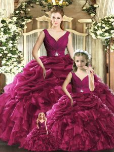 Fancy Burgundy Ball Gown Prom Dress Sweet 16 and Quinceanera with Ruffles V-neck Sleeveless Backless