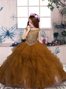  Scoop Sleeveless Organza Little Girl Pageant Gowns Beading and Ruffles Lace Up