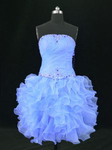 Flirting Blue Organza Lace Up Prom Gown Sleeveless Mini Length Beading and Ruffles