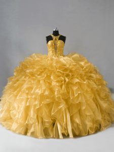 Popular Gold Sleeveless Beading and Ruffles Floor Length Ball Gown Prom Dress