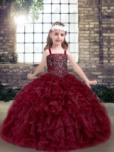 High Quality Burgundy Lace Up Child Pageant Dress Beading and Ruffles Sleeveless Floor Length
