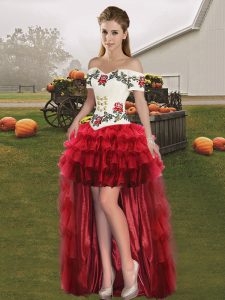 Wonderful Off The Shoulder Sleeveless Dress for Prom High Low Embroidery and Ruffled Layers Wine Red Organza